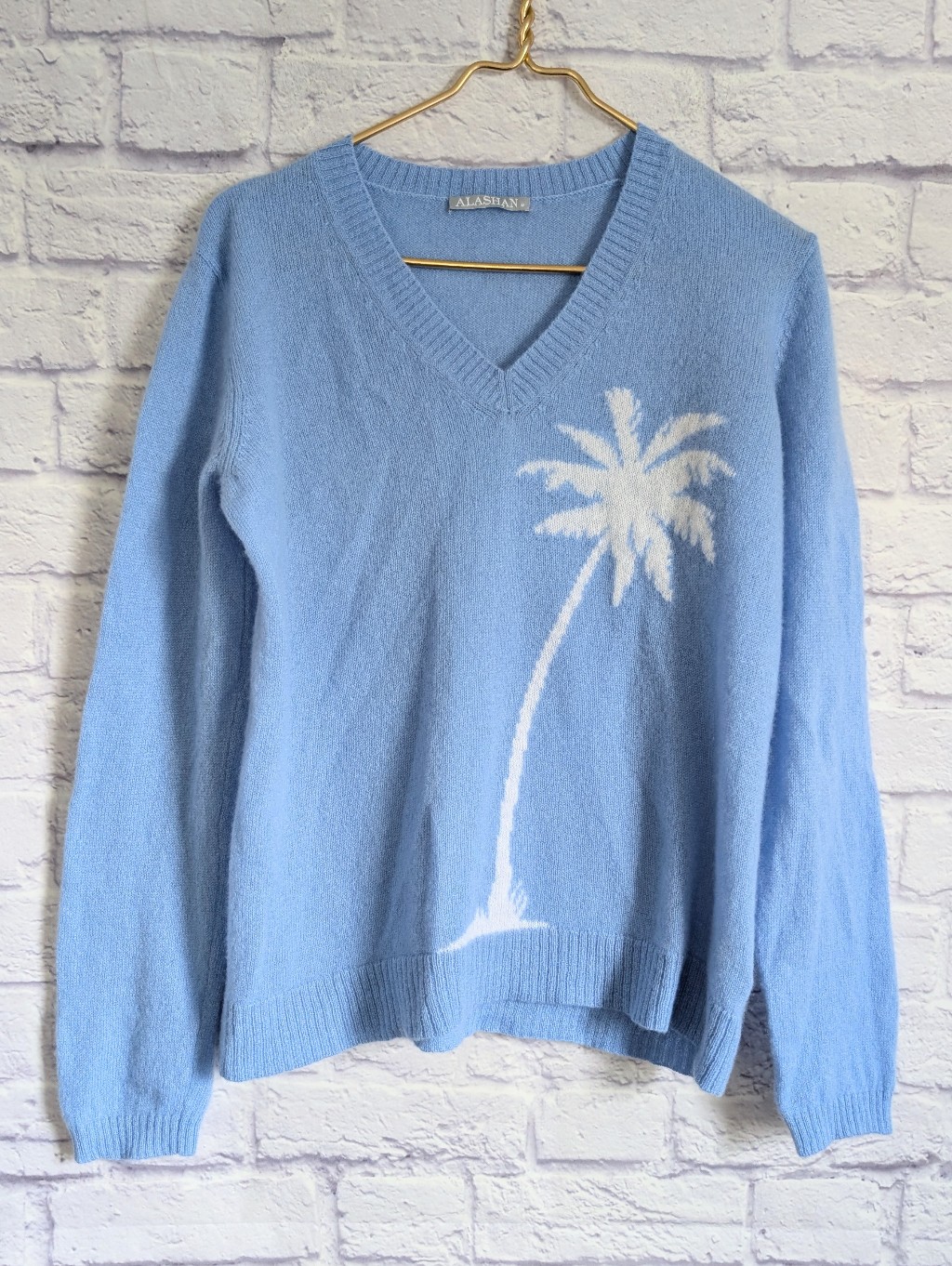 Alashan Cashmere Pullover Sweater M Blue White Palm Tree V Neck Preppy Beach